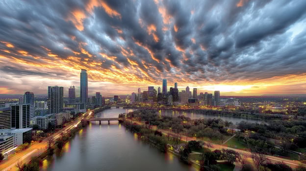 stunning skyline city at dusk with dramatic cloud formations and vibrant colors photo