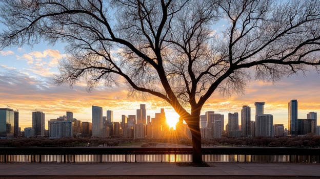 skyline city at dusk with dramatic sky and silhouetted tree photo