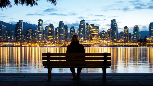 A person sitting on a bench looking at the city lights photo