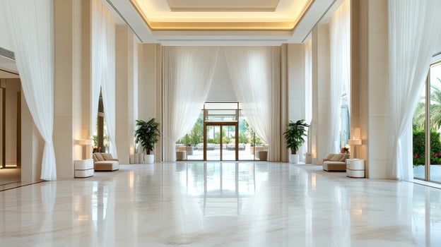 The lobby of a luxury hotel with white marble floors photo