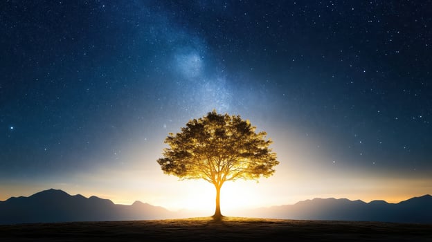 A tree stands alone in the middle of a field at night photo