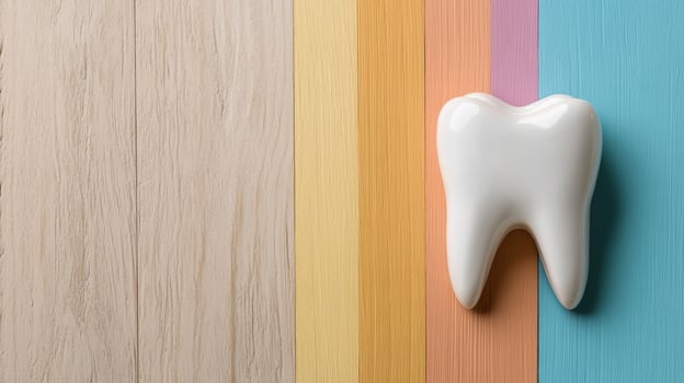 white tooth model on colorful wooden background, symbolizing dental health photo