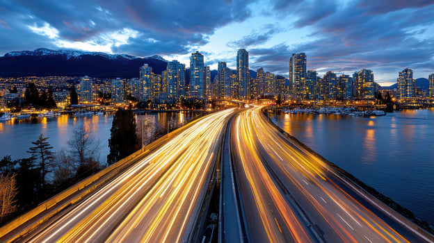 A city skyline with lights on the road photo