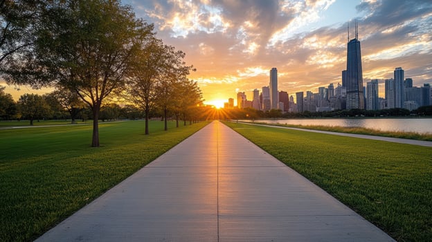 A pathway leads to the chicago skyline at sunset photo