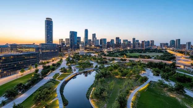 vibrant city skyline at dusk with lush greenery and water features photo