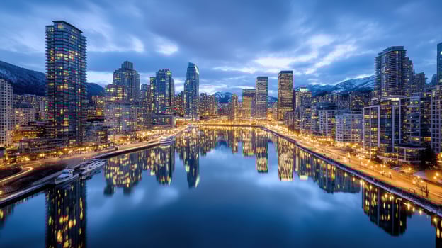 vibrant city skyline at dusk reflecting on water, showcasing urban beauty photo