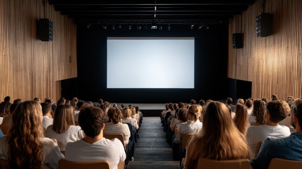 large audience watches film screening in modern theater photo