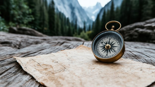 close up of compass on map, guiding way through nature beauty photo