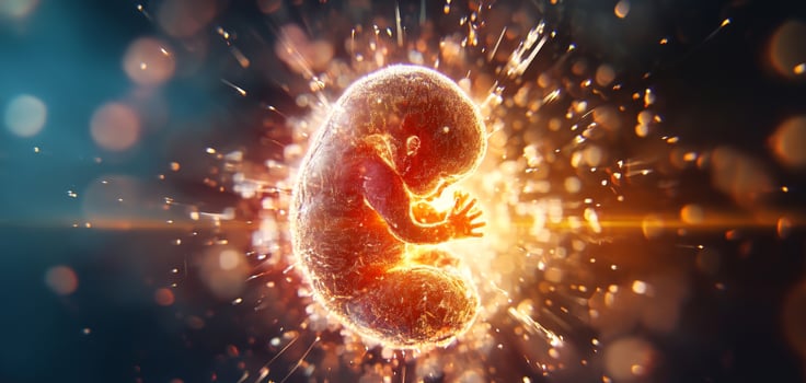 This artwork depicts a futuristic embryo enveloped in vibrant energy, symbolizing the fusion of life and technology. photo