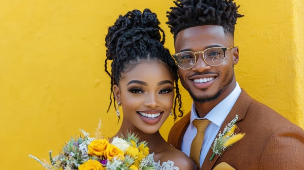 A man and woman in yellow wedding attire photo