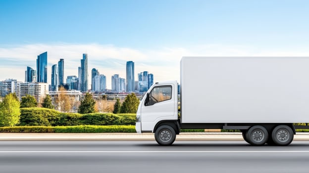 White delivery truck on the road with cityscape in background photo