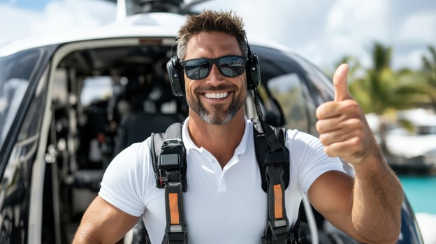 A man in sunglasses and a helmet is giving the thumbs up photo