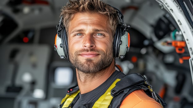 A man wearing headphones and an orange shirt photo