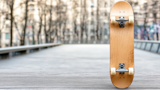 Skateboard resting on wooden surface with blurred urban background photo