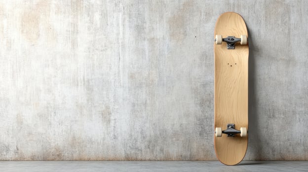 Skateboard resting against textured wall, showcasing its design and simplicity photo