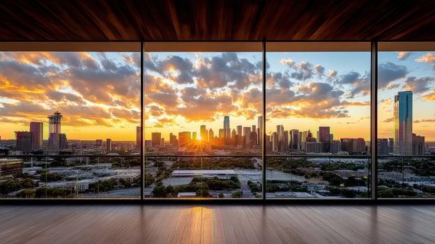 A view of the city skyline from inside a large room photo