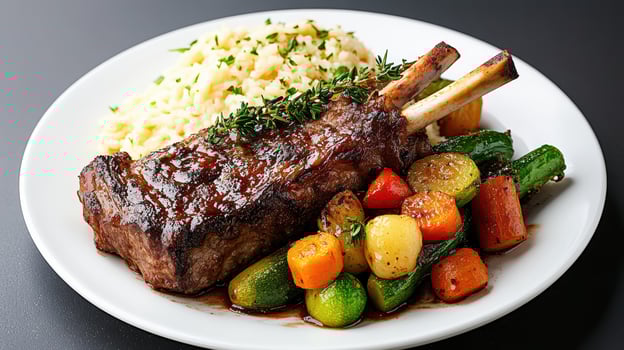 A plate of meat and vegetables with rice photo