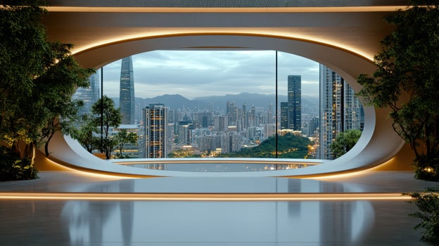 A circular window in a modern building with a city view photo