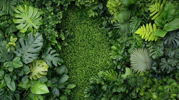 Lush green forest with diverse foliage and vibrant plants from above photo