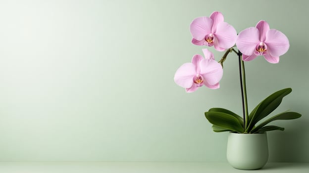beautiful pink orchid in green pot against light green background photo