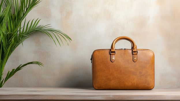 A brown briefcase sits on a wooden shelf photo
