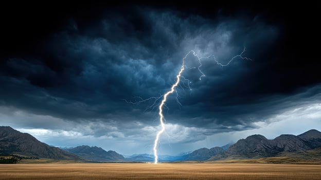 Lightning bolt striking through the sky over a field photo