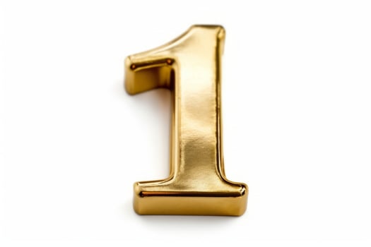 Number one golden shining typography symbol or sign template, realistic illustration isolated on white background. Gold 3d digit or figure for numbering. photo