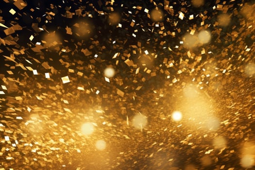 Gold glitter texture on dark background. Golden explosion of confetti. Golden grainy abstract texture on dark background. Design element. photo