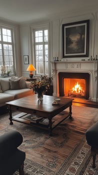 A living room with a fireplace and couches photo