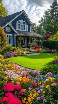 A beautiful blue house with flowers in front photo