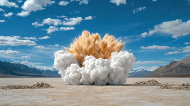 A large explosion in the desert with clouds in the background photo