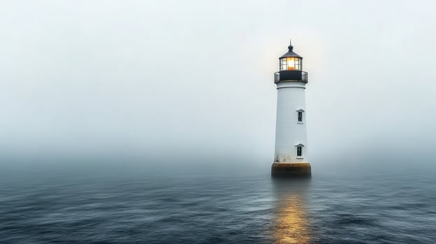 A lighthouse in the fog on a calm day photo