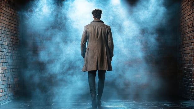 mysterious figure walks through foggy alley, creating intriguing atmosphere photo