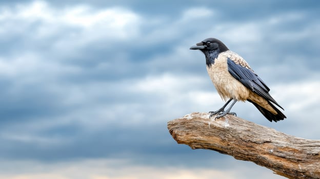 lone crow perched on gnarled tree branch against cloudy sky photo