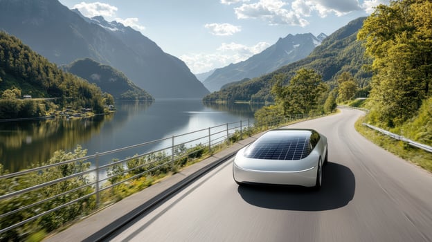 A car driving on a road with a solar panel on the roof photo