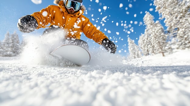 A man riding a snowboard down a snowy slope photo