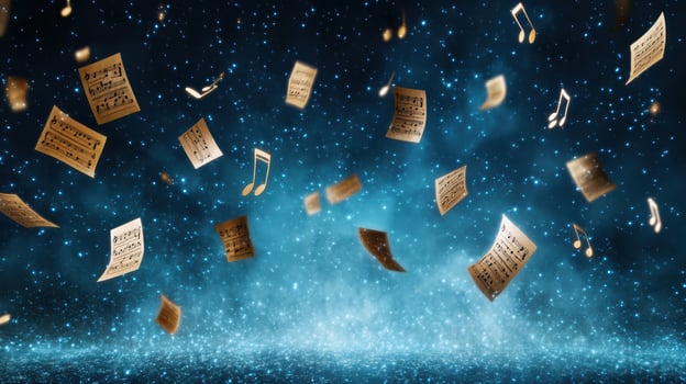 Music notes flying in the air over a blue background photo