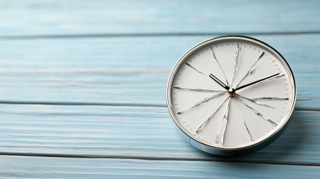 A clock on a blue wooden table photo