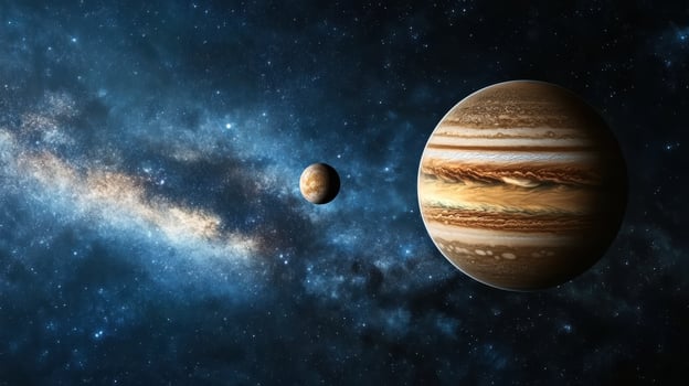Dramatic view of Jupiter and its moon in cosmic landscape photo