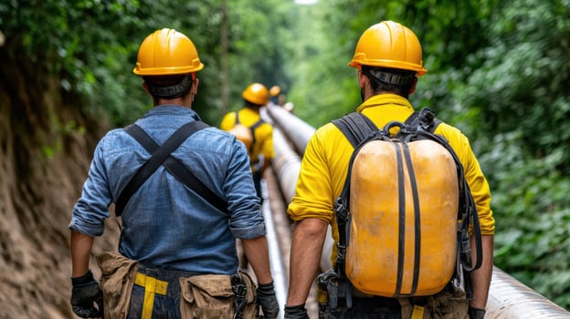 Two men wearing hard hats walking down a pipeline photo
