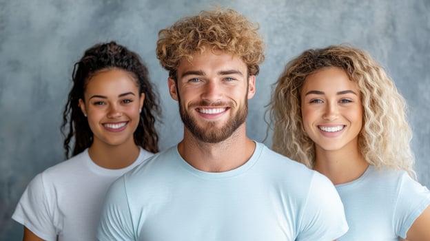 Three smiling people standing together photo
