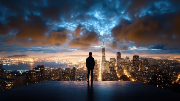 Man standing on top of a building looking at the city at night photo