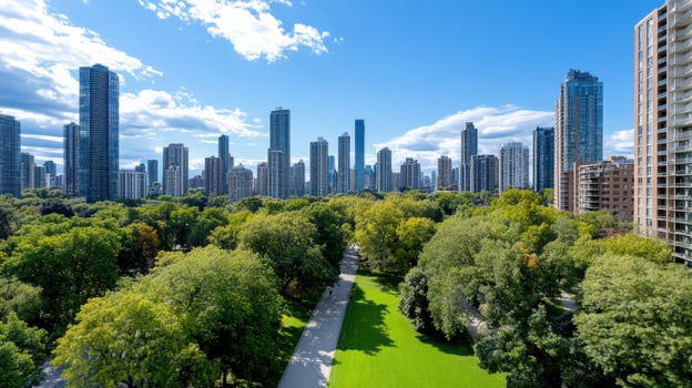 A city skyline with green trees and a park photo