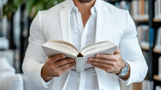 A man in a white suit is reading a book photo