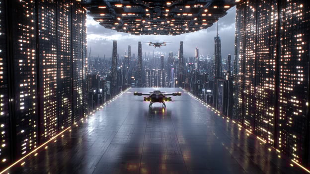 A futuristic city with a large building in the background photo