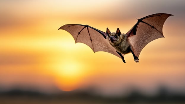 A bat flying in the air at sunset photo