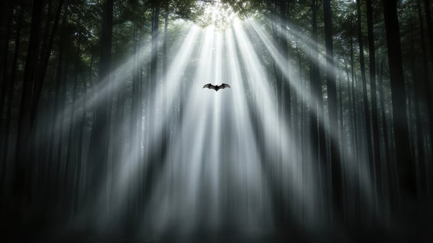 A bat flies through the forest with rays of light photo