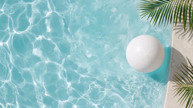 A white ball floating in a pool next to palm trees photo
