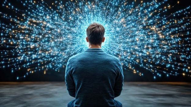 Man sitting in meditation with glowing light coming from his head photo