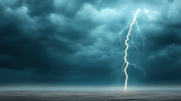 Lightning strike over the ocean with dark clouds photo